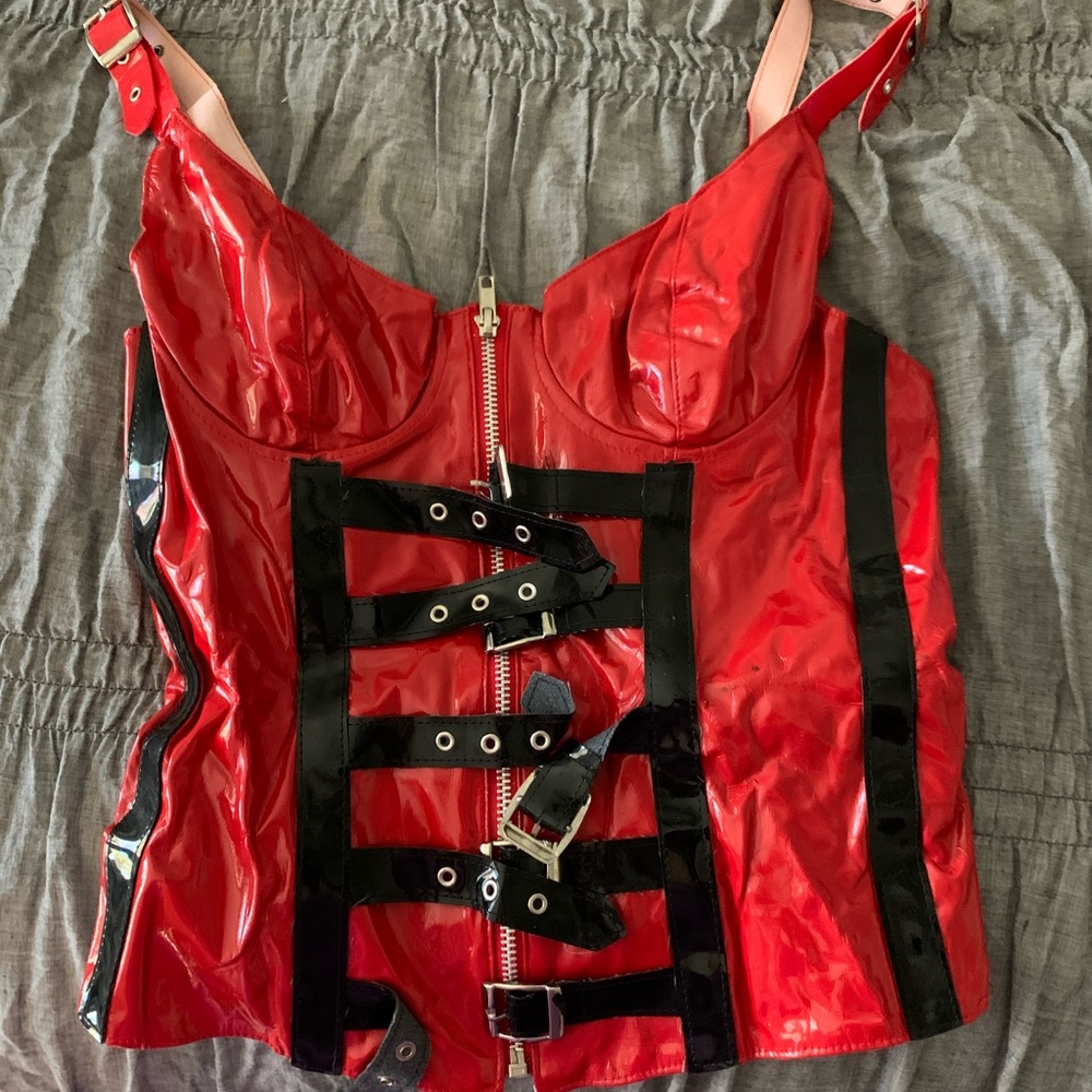 Red and black pleather corset